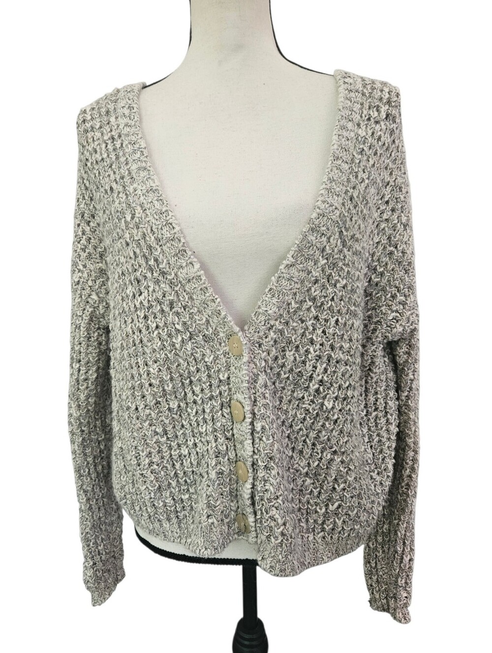 Free People Heathered Gray Knit V-Neck Button Cardigan Cotton Blend